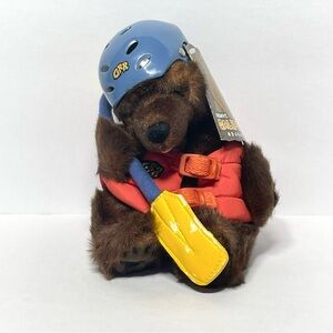 Adventure Grizzly Bear River Rafting Plush Dog Toy with Blue Helmet and Red Vest
